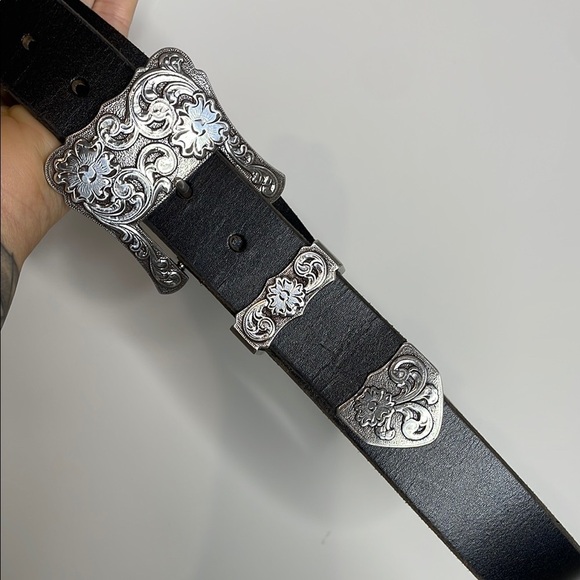 SOLD Nocona | Black and Silver Western Belt with Intricate Metalwork Size M - Picture 1 of 3